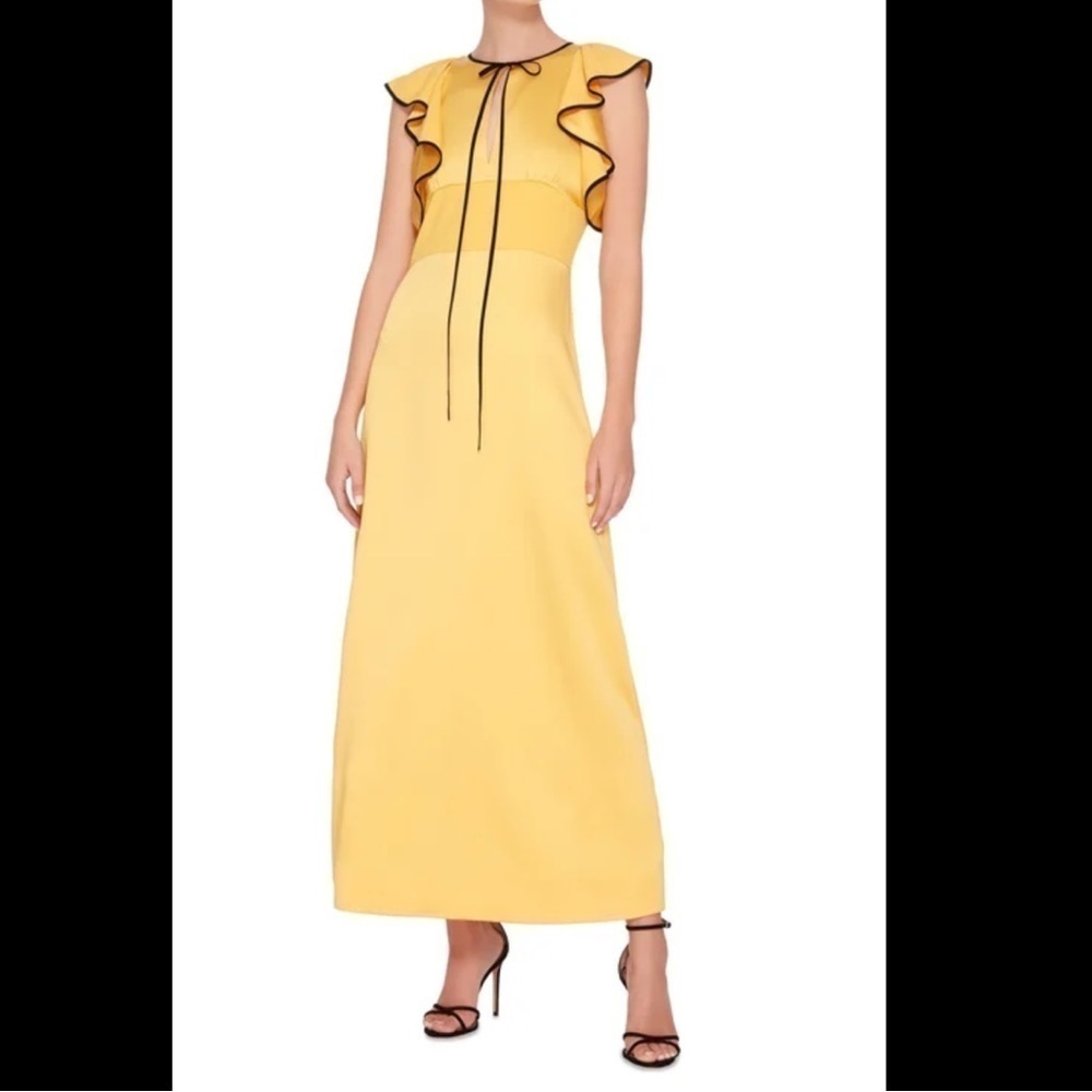 AlexaChung Yellow Tie Front Ruffle Satin Maxi Dress US 10